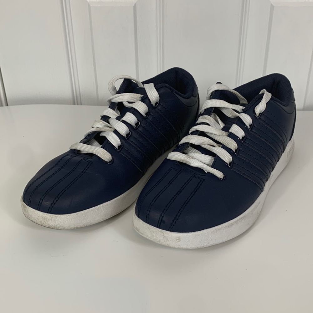 K-Swiss navy blue and white sneaker. Size 5.5, women’s 7.5. Leather upper